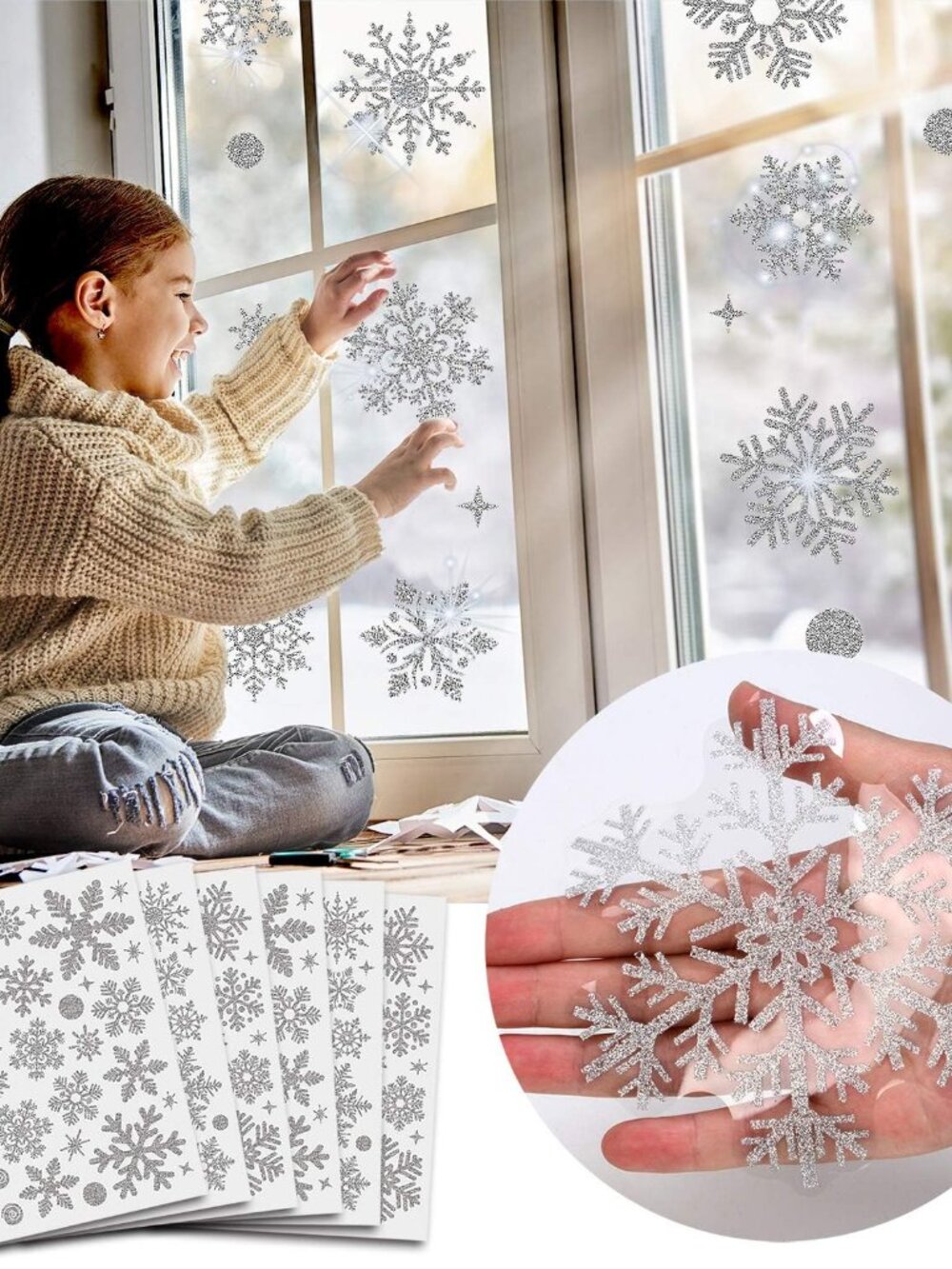 Glitter Snowflake Window Clings Christmas Window Decals for Glass Winter Xmas Na